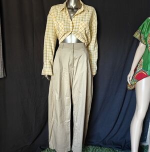 Yellow Plaid Shirt and Tan Wide-Leg Pants